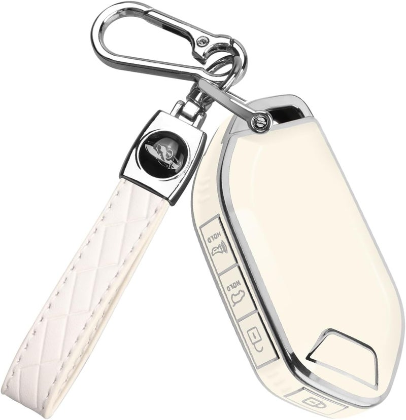 QBUC for Kia Key fob Cover,Soft TPU 360°Car Key Case Protector with Leather Keychain Compatible with Kia Telluride 2023/2024 5 Buttons Smart Key(White) - Image 1